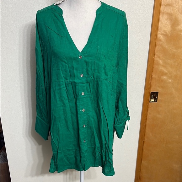 NWT Ashley Stewart Green V-Neck Front Button Down Linen Rayon Blend Blouse 14 - Picture 1 of 12